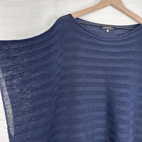 Eskandar Kaftan Poncho OS Linen Lagenlook Sweater Tunic Top Handloomed Knit Blue - Picture 3 of 11